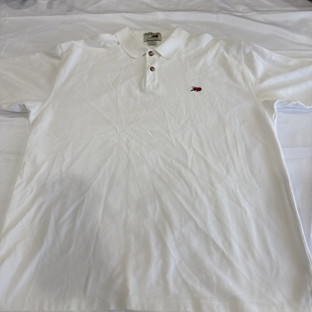 Vintage Perlis Polo Shirt Mens Peruvian Cotton Crawfish Logo White XL